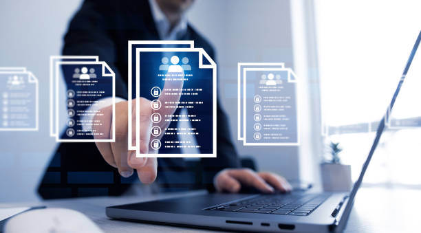 istock Software for security, searching and managing corporate document and employee information. Protecting herself from cyber attacks. Documents confidentiality,cyber security protection concept. 2158064851