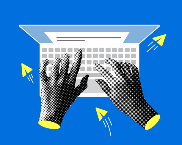 illustrazioni stock, clip art, cartoni animati e icone di tendenza di collage moderno con le mani sulla tastiera - immagine composita