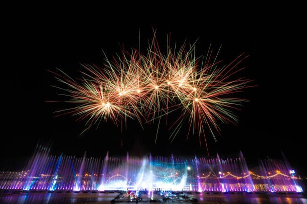 istock Fire work with water fountain laser show. 2158066838