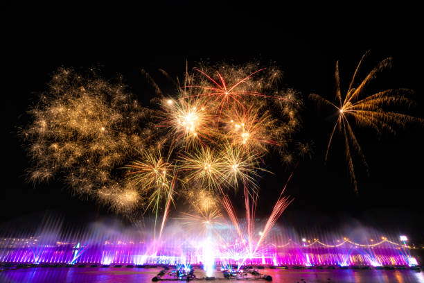 istock Fire work with water fountain laser show. 2158066841