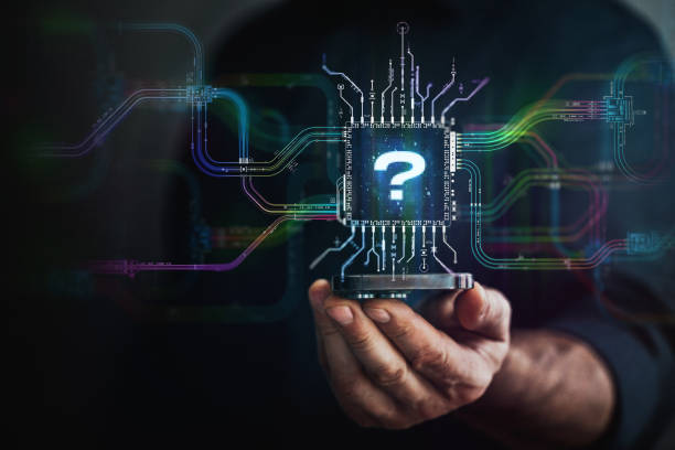 istock Question mark in your hand. A hand holds question icon in the center and circuit board with vibrant data transfers, representing evolving assistance technology of the future. 2158067564