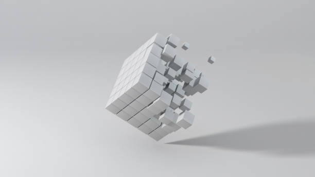 Abstract 3D background. Cube divides at small blocks and rotates against light grey background with shallow depth of field and copy space. Representing big data and technology processes