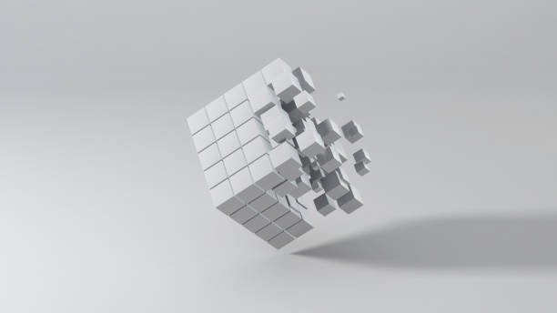 istock Abstract 3D background. Cube divides at small blocks and rotates against light grey background with shallow depth of field and copy space. Representing big data and technology processes 2158067597