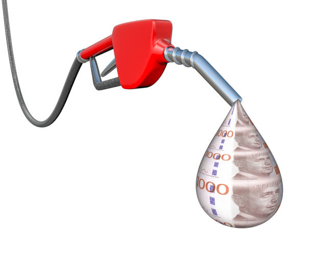 istock Gas pump with Swedish Kronas drop 2158068599