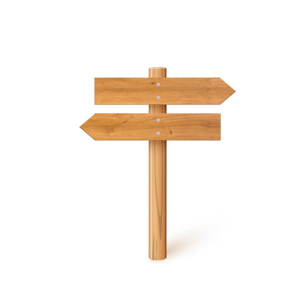 istock 3d wooden signboard vector illustration. Realistic wood sign post. Blank arrow with wood texture, plywood road pointer. City guidance 2158068631