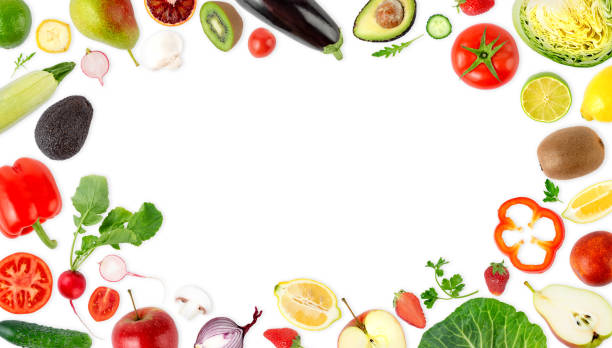 istock Frame with different fruits and vegetables isolated on white. 2158070221