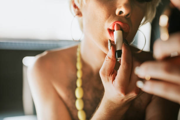 istock Drag queen applying lipstick, entertainment makeup look 2158072545