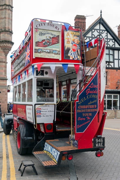View of a Victorian tour bus in the centre of Chester, UK,  There are no people n the photograph