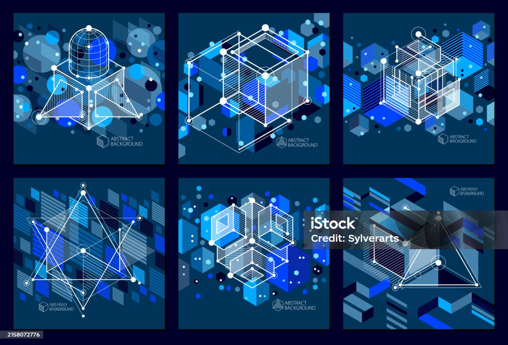 Geometric Design Technology Abstract Vector Geometric Isometric Dark Blue Backgrounds Set ...