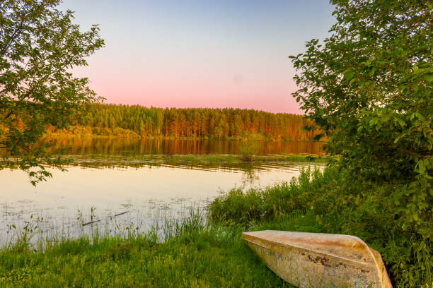 Sunset landscape with forest and river and old boat. Ecotourism. Calm, silence.