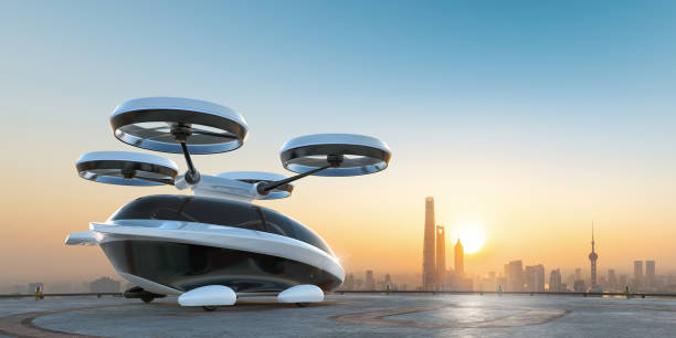 istock eVTOL Electric Vertical Take Off and Landing Aircraft On Helipad 2158073563
