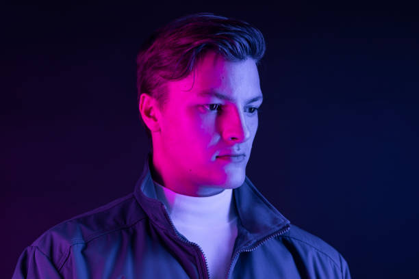 istock Cyber man with violet neon soft light 2158074602