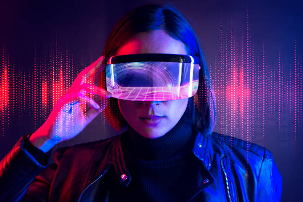 Woman experiencing metaverse, with smart glasses futuristic technology