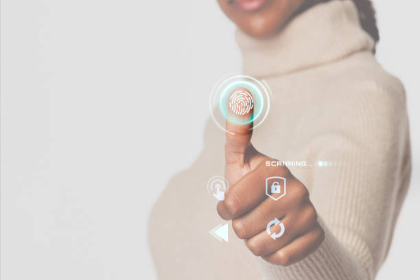 istock Woman scanning fingerprint with futuristic interface smart technology 2158075181