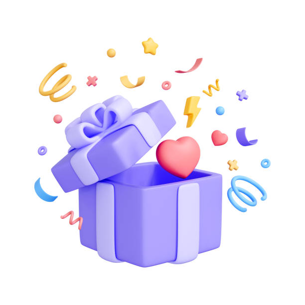 istock Purple gift box with a white ribbon, open to reveal a pink heart. 3D render 2158076771