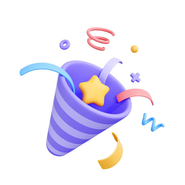 istock Party popper, exploding with confetti in shape of stars, spirals, and circles 2158076784