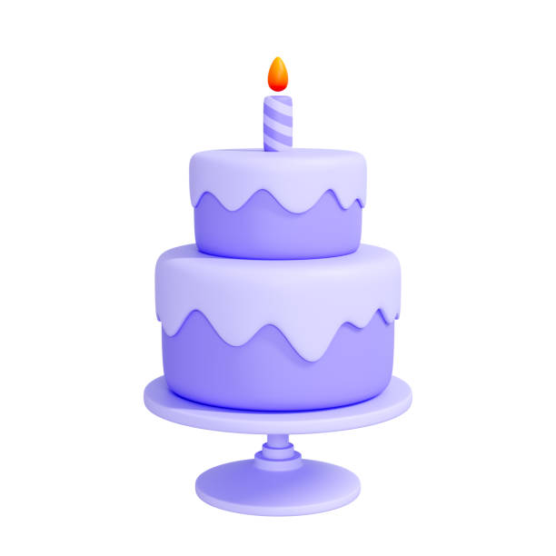 istock Birthday cake with a single lit candle on top, sitting on a cake stand 2158076803