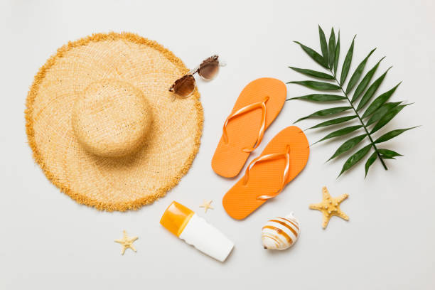 istock Top view travel or vacation concept. Composition with stylish beach accessories on colored background, top view. Beach fashion flat lay, summer concept. Trendy colors 2158079446