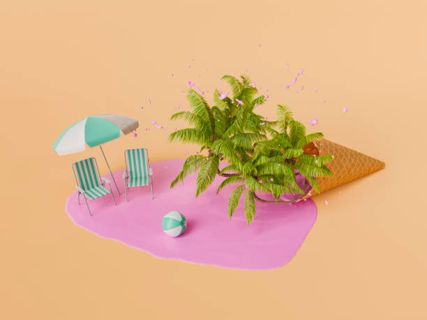 istock Beach Chairs and Umbrella with Palm Tree Growing from Ice Cream Cone 2158079903