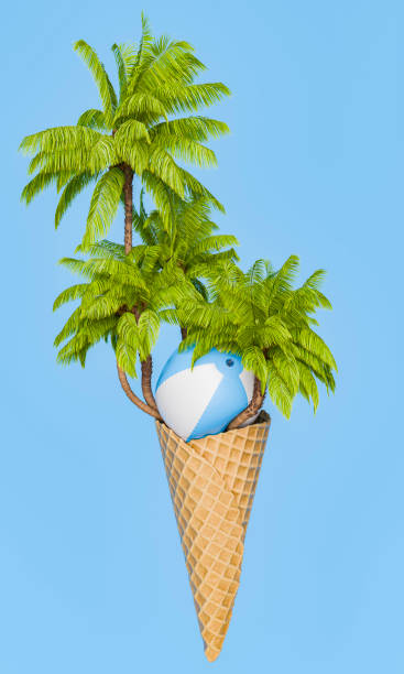 istock Palm Trees and Beach Ball in Ice Cream Cone on Blue Background 2158079906