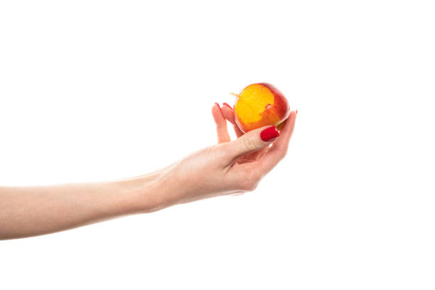 istock Female hand holding a nectarine, white background 2158081287