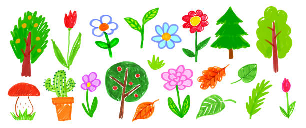 istock Child drawing of leaves, flowers and trees 2158081877
