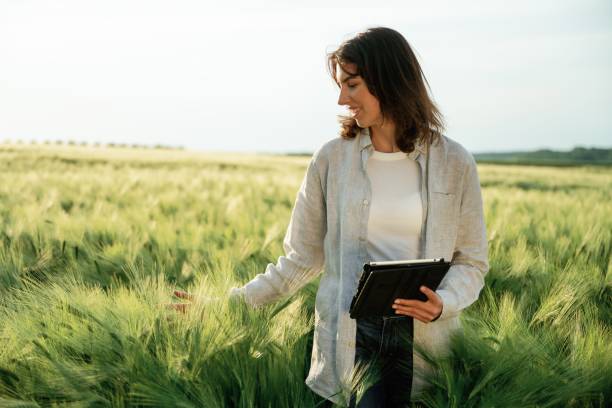 istock Looking for growth process, with digital tablet. Woman in white is on the agricultural wheat field 2158083496