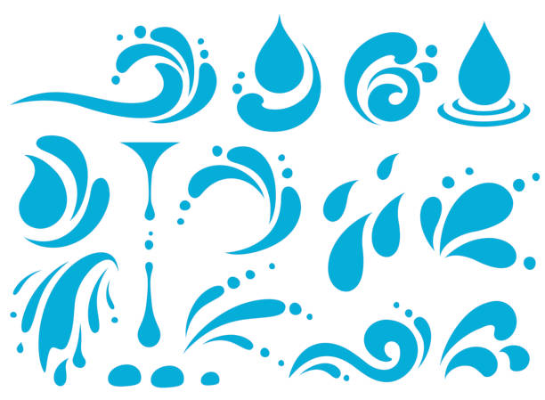 ilustraciones, imágenes clip art, dibujos animados e iconos de stock de conjunto de elementos de agua, gotas de líquido, salpicaduras, remolinos y conjunto de olas - caer