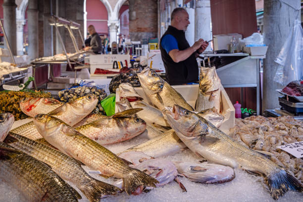 Venice, Italy - June 5th 2024:  Fishmonger checking his phone behind his display of fresh fish at the outdoor fish market in the center of Venezia