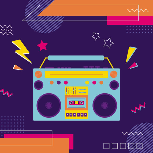 istock 90s retro elements. Retro tape recorder for audio tapes. Color illustration in flat style. Aesthetics of the 90s 2158087464