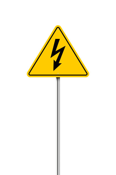 istock High voltage sign. arrow isolated in yellow triangle. Dangerous electrical voltage icon 2158089157
