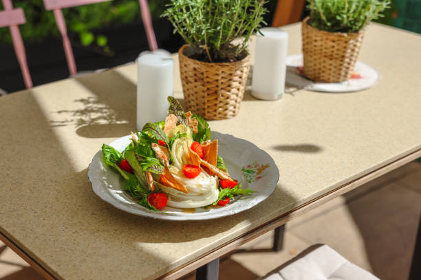 Gourmet meal with Caesar style salad with chicken, tomatoes and salad leaves served in French style plate on the table with plant in cafe patio during sunny day