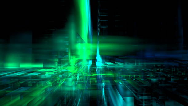 istock Digital data featuring bright green and blue lights overlaying a dark background, creating an abstract and dynamic pattern. 3d render 2158096187