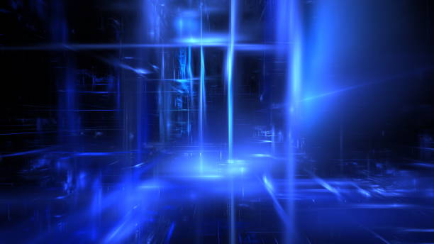 istock Abstract image depicting digital space filled with blue light streaks. Hi tech digital interior Abstract data center server, depth and movement. 3d render 2158096191
