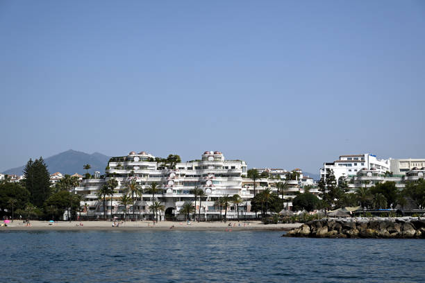 Puerto Banus, Spain; 26 May 2024; Puerto banus beach apartments as seen from just of the beach