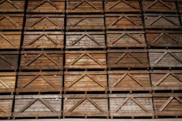 A vivid stack of orange poultry transport crates stands ready for use, their slotted design and sliding tops revealing both functionality and wear. Set against a blurred urban backdrop, the scene hints at the bustling trade of live poultry near markets or farms.