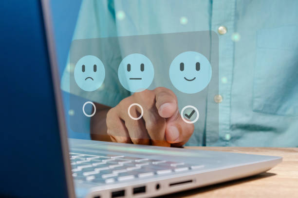 istock Man gives rating to service experience on virtual screen. Customer review satisfaction feedback concept. 2158099455