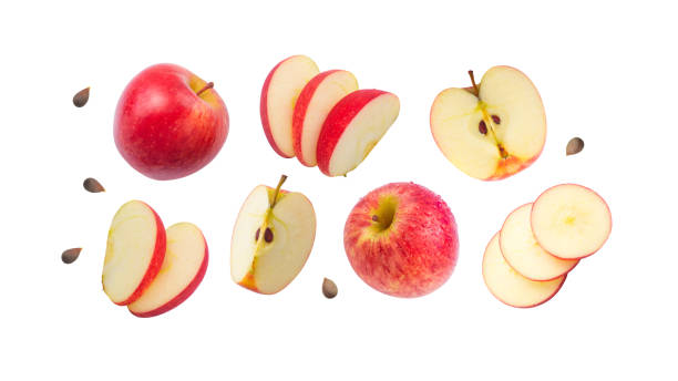 Red apple has water drop with slices collection isolated.