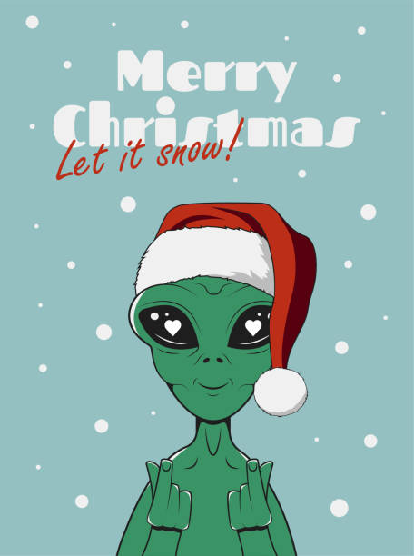 istock Christmas new year greeting card with cute alien wearing a Santa Claus hat. Vector illustration in retro style. 2158101235