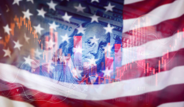 Trading graph with american flag is damage.Effect of recession US economy. Crisis in USA, rising inflation, devaluation of dollars and the economy. Trading graph with american flag is damage.Effect of recession US economy. Crisis in USA, rising inflation, devaluation of dollars and the economy american culture stock pictures, royalty-free photos & images
