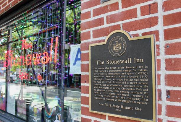 Sign and plaque on the facade of The Stonewall Inn on Christopher Street in Greenwich Village, NYC New York, NY USA - May 28, 2024 : Neon sign and New York State Historic Site plaque on The Stonewall Inn building facade opposite the Stonewall National Monument on Christopher Street in Greenwich Village, New York City bronze plaque texture stock pictures, royalty-free photos & images
