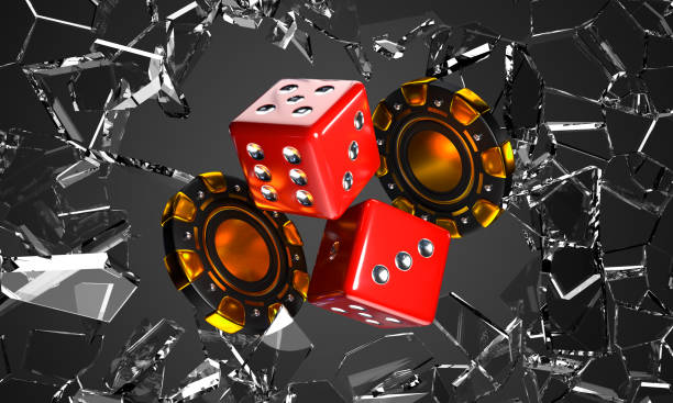 Poker chips and dice with broken glass effect on dark 3d background. Casino game banner, flying gold black vip gambling money tokens and red cubes render. Lucky and risk Vegas concept. 3D illustration
