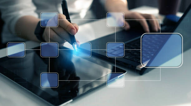 istock Business process and workflow automation with flowchart. Scheme of hierarchy management of corporate and processing management. 2158107208