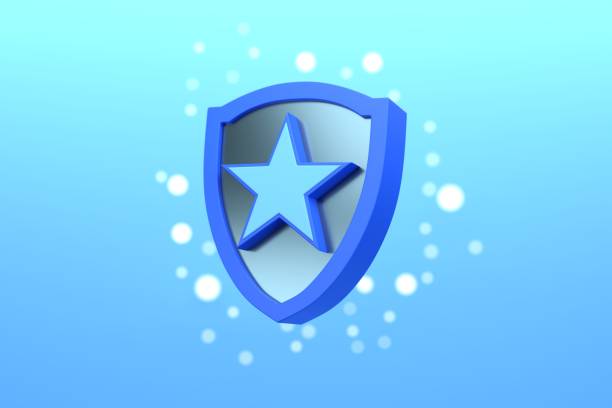 A blue star on a blue bordered shield on a defocussed bokeh style backdrop of blue lights - isolated on a blue background 3D render