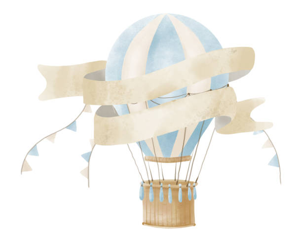 Blue hot air Balloon with ribbon for text. Watercolor illustration for kid birthday party. Hand drawn template for baby newborn invitation or greeting cards. Drawing for postcard in pastel colors Blue hot air Balloon with ribbon for text. Watercolor illustration for kid birthday party. Hand drawn template for baby newborn invitation or greeting cards. Drawing for postcard in pastel colors. watercolor hot air balloon stock illustrations