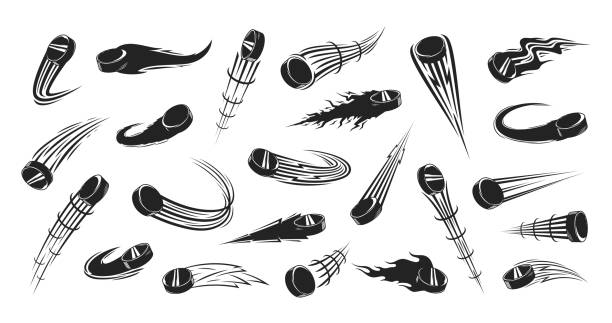Vector ice hockey flying pucks with motion trails Vector black and white flying ice hockey pucks with motion trails white t shirt silhouette stock illustrations