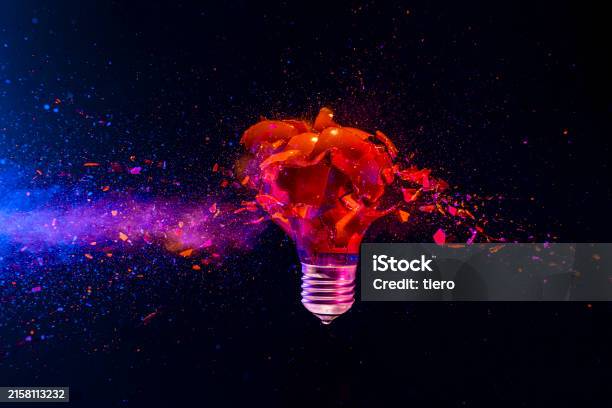 Exploding Powder Red Blue Red Light Bulb Exploding With Colorful Powder On Dark Background Stock ...