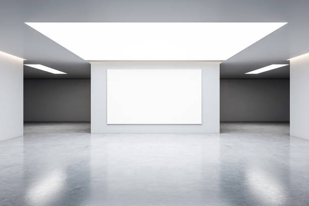 istock Empty white canvas on a wall in a bright gallery space with minimalist design, concept of modern art exhibition. 3D Rendering 2158116714