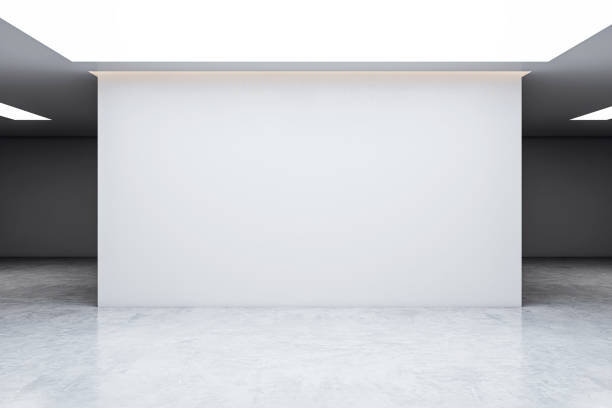 istock An empty gallery space with a large blank white wall, marble floor, contemporary design, clear and minimalist concept. 3D Rendering 2158116718