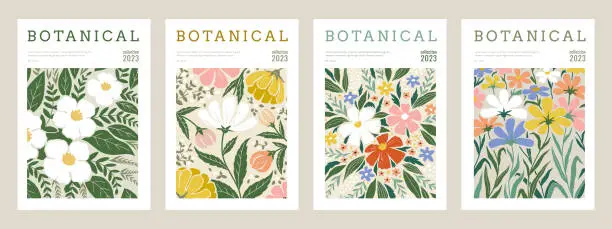 Flower posters. Abstract floral pattern, modern nature wall art graphic, vintage pastel painting. Different hand drawn botanical elements. Contemporary design. Summer spring vector background Flower posters. Abstract floral pattern, modern nature wall art graphic, vintage pastel painting. Different hand drawn botanical elements. Contemporary design. Summer spring vector background
